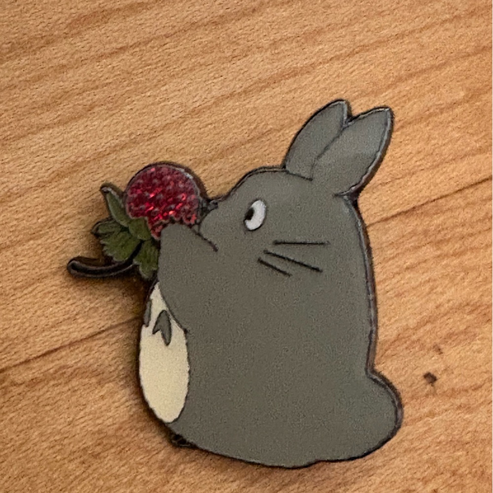 Gray Totoro Enamel Pin with Strawberry